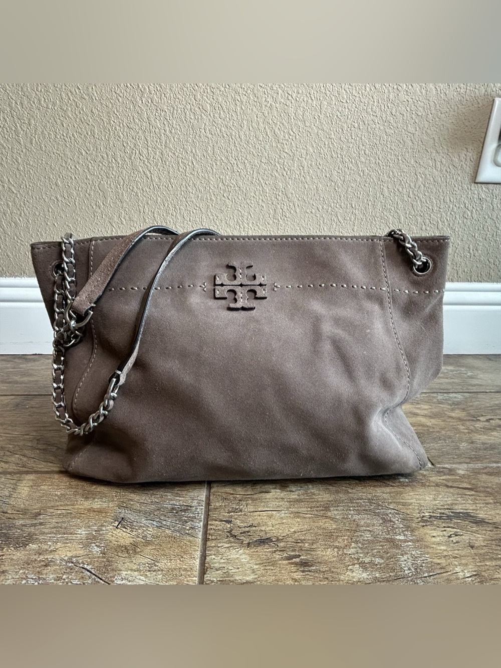Tory Burch McGraw Suede Chain Shoulder Slouchy Tote Bag Silver Maple Old Money